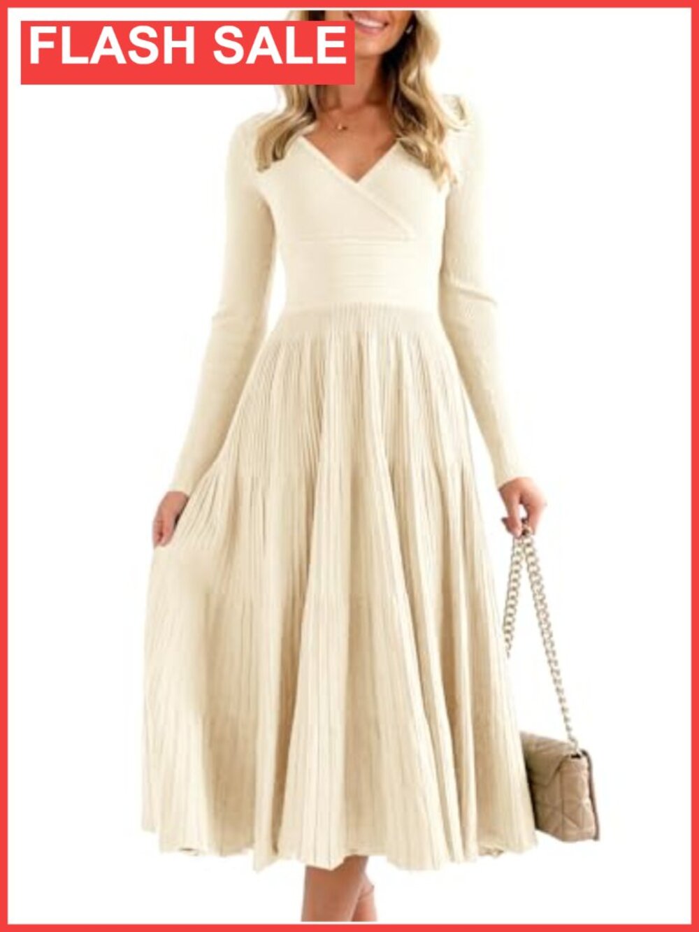 Long Sleeve Midi Sweater Dress V Neck Pleated A Line Knit Pullover